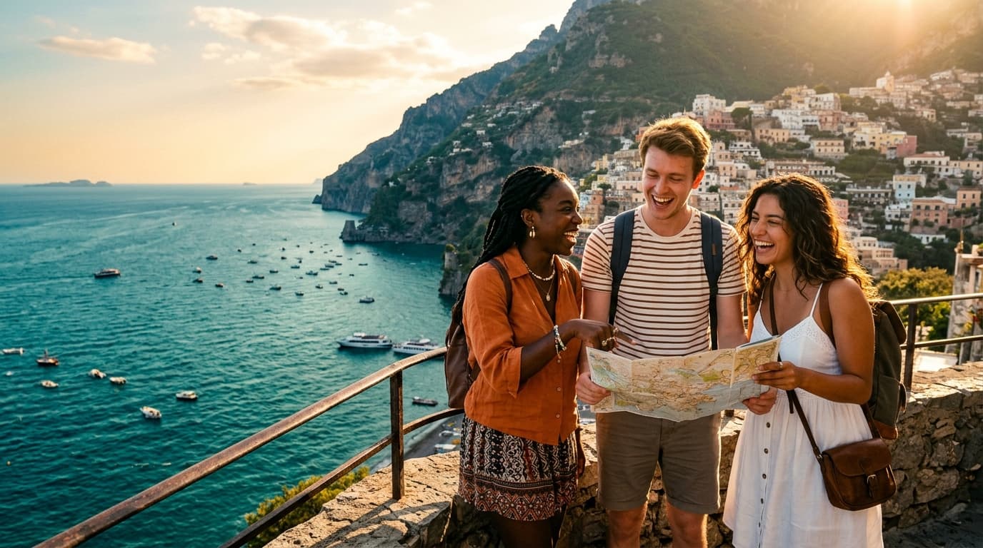 Amigos revisando planes de viaje con vistas a un pueblo costero mediterráneo